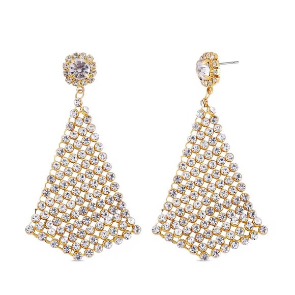 White Austrian Crystal Earrings in Goldtone Triangle Shape - Picture 7 of 7